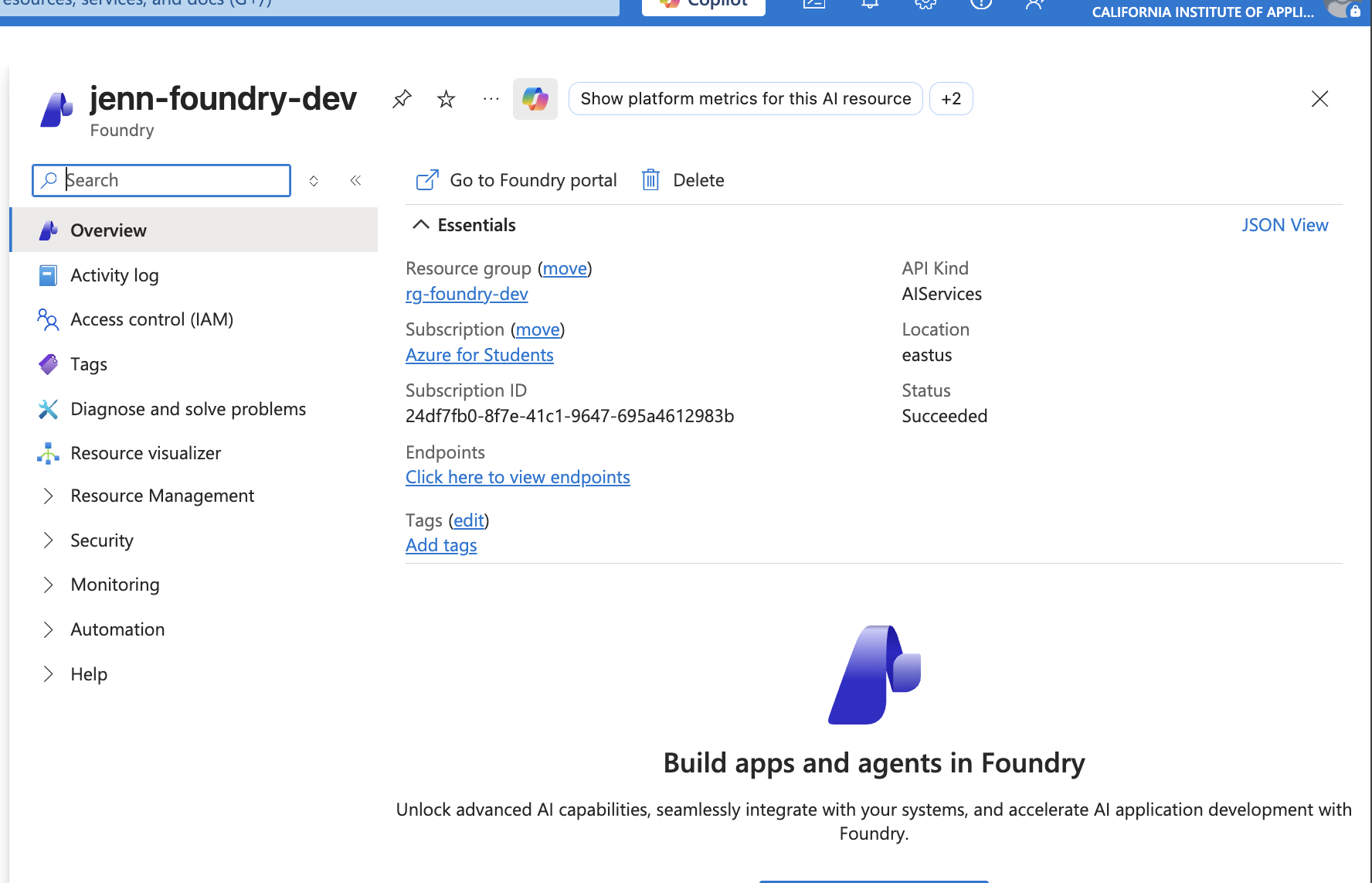 Azure portal showing jenn-foundry-dev Foundry resource overview